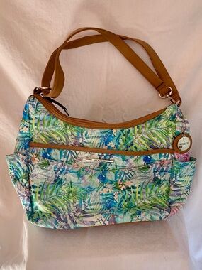 Rosetti Tropical Palm Covertable Shoulder Bag in Blue and Green with Tan Trim